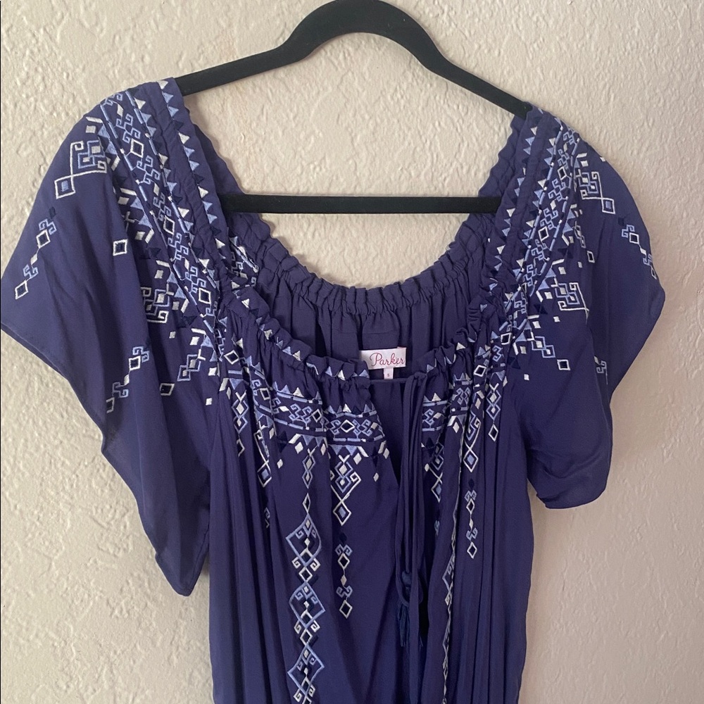 Parker Tammy Dress Size S Blue Off-Shoulder Mini Embroidered Smocked Tassels - Picture 7 of 10